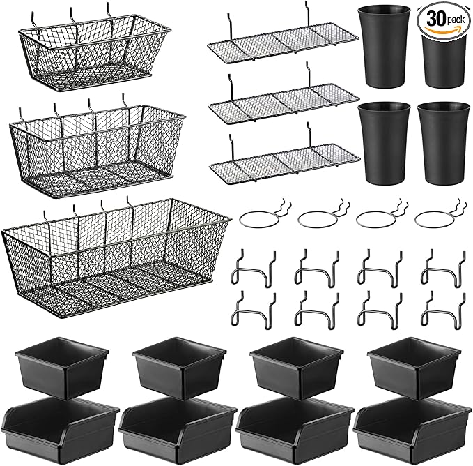 Sieral 30 Pcs Pegboard Organizer Accessories Kit Includes Peg Board Shelving Storage Basket Organizer Bins Hooks Loops Cup wi