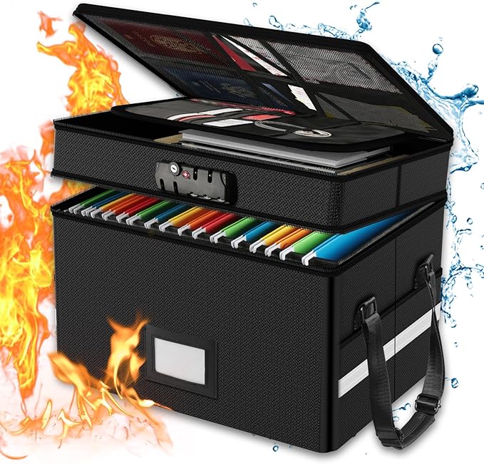 RHM Fireproof Document Box with Lock, 2 Layer Fire Proof File Box for Documents with Handle, Portable Home Office Fire Safe D