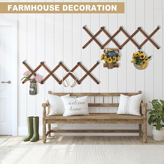 WGFKVAS 2 Pack Accordion Hat Rack for Wall - Expandable Coat Rack Wall Mount with 14 Pegs - Wood Wall Hanger for Baseball Cap
