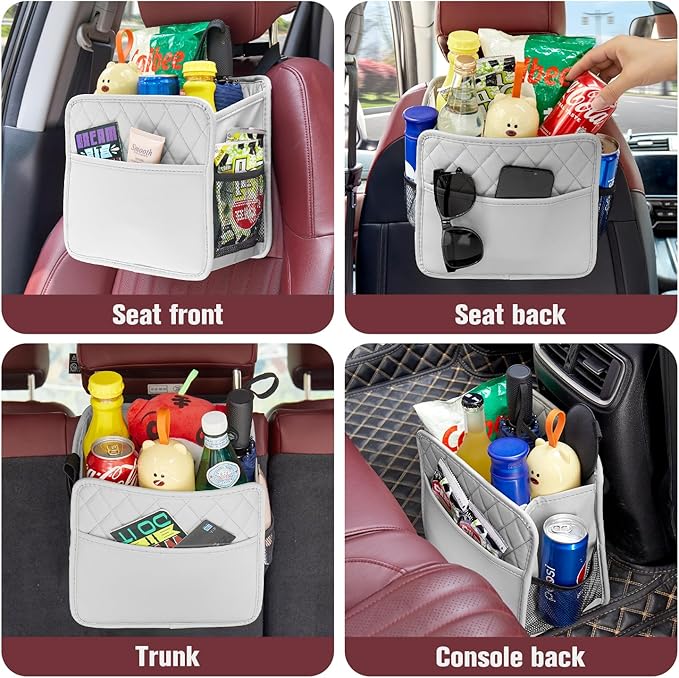 LXUNYI Car Seat Organizer, Updated Large Leather Backseat Car Organizer with Cup Holders Multifunctional Over the Seat Storage Organizer Bag Hanging Back Seat Organizers for Kids (Gray 1Pack)