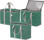 VENO 3 Pack Cooler Bag Insulated Reusable Grocery Shopping Bag, Food Delivery, Heavy Duty, Large Size, Durable Handles, Double Zippers, Lid, Collapsible (Green, 3 Pack)