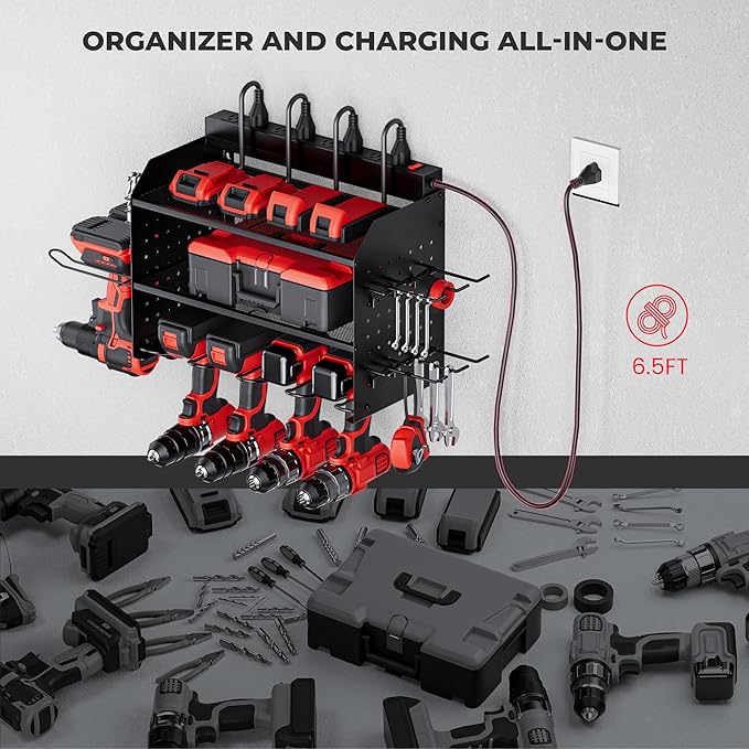 TRZZ Power Tool Organizer Wall Mount, 3-Layer Charging Station with 8 Outlets, 6 Drill Holders and Drill Bit Rack, Efficient 