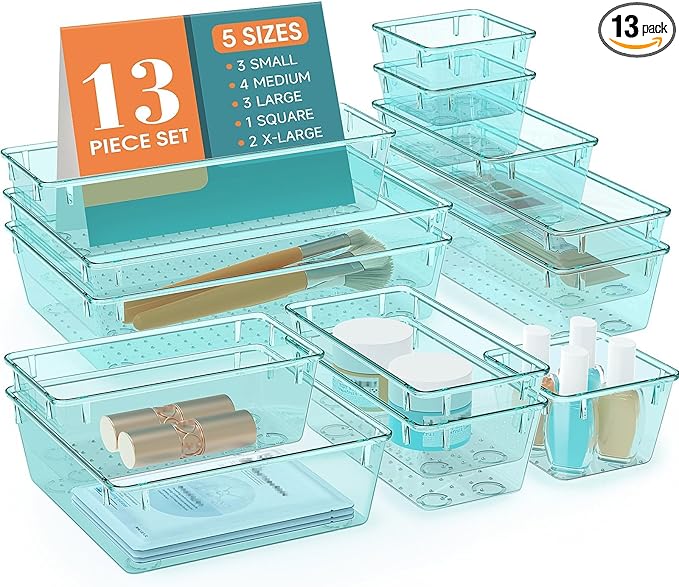 StorMiracle 13 PCS Drawer Organizer Set, 5 Varied Size Bathroom and kitchen Drawer cabinet organizer Trays, Clear Storage Bin