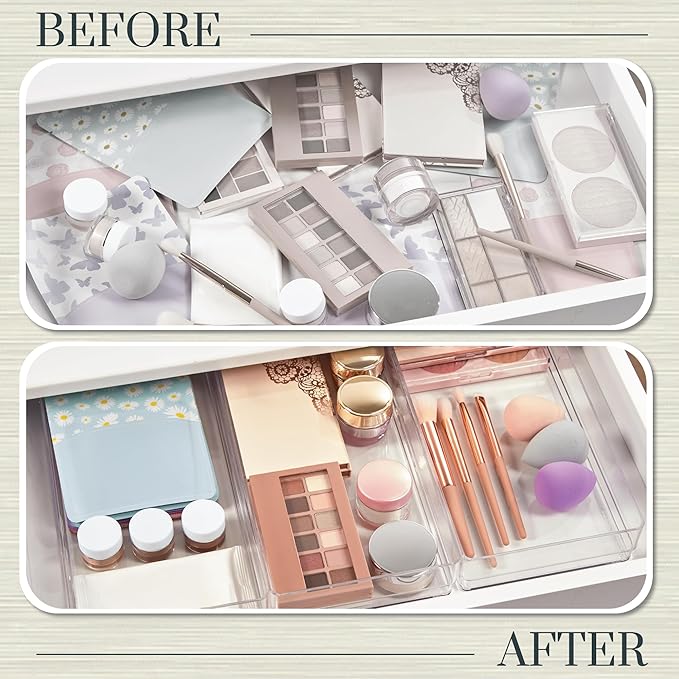 STORi SimpleSort 3-Piece Stackable Clear Drawer Organizer Set | 12" x 6" x 2" Rectangle Trays | Wide Makeup Vanity Storage Bi