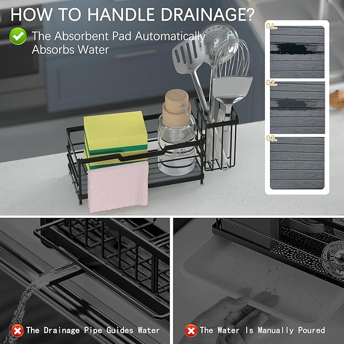 Sponge Holder for Kitchen Sink,Sink Caddy Organizer With Stone Drying Tray, Stainless Steel Kitchen Countertop Organizer for 