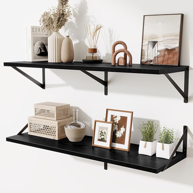 Black Deep Floating Shelves for Wall,36" Wx10 D Wood Wall Shelves with Metal Brackets,Hanging Storage Floating Shelf for Livi