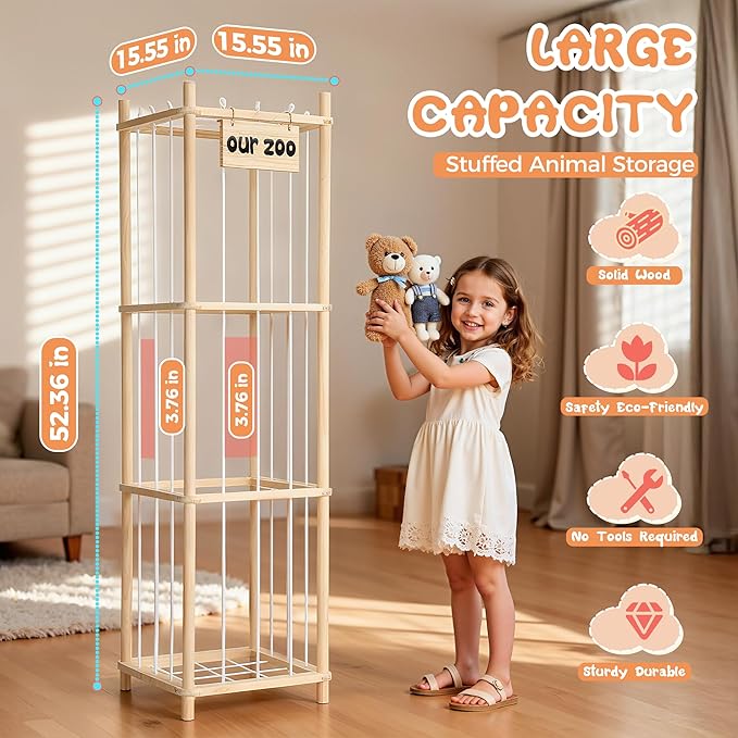 LAMU Stuffed Animal Storage, Wooden Zoo Stuffed Animal Holder with Elastic Cords, Space Save Toy Organizer, Extra Large Capac