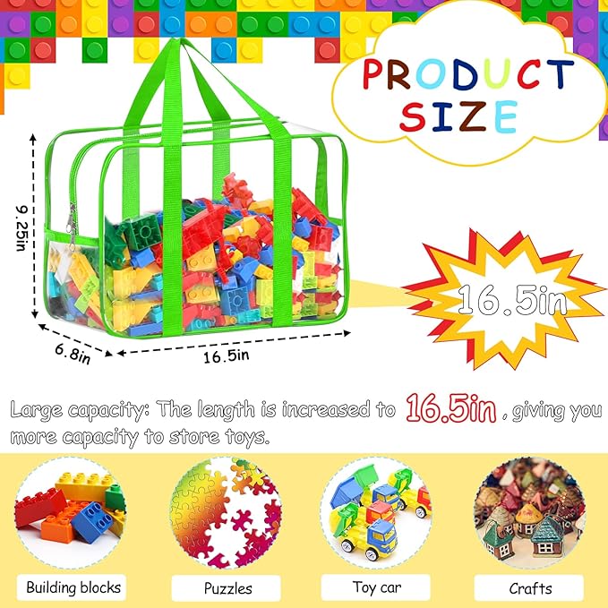 6 Color XXL Toy Storage Bags 16.5×11.8×6.8In with Labels, Large Capacity Reusable Clear PVC Storage Bags, Travel Waterproof O