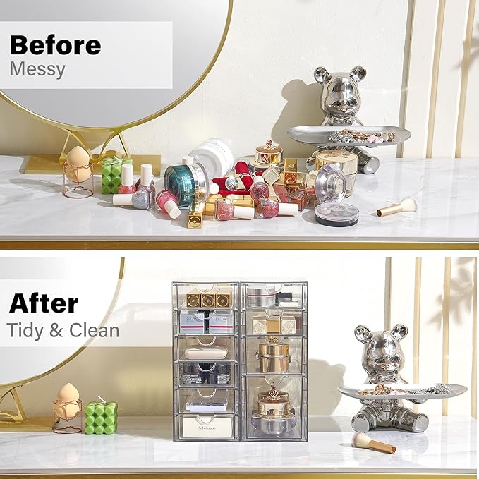 Prsildan Acrylic Drawer Makeup Organizer with 10 Drawers, Set of 2 Office Desk Organizers Accessories, Clear Stackable Storag