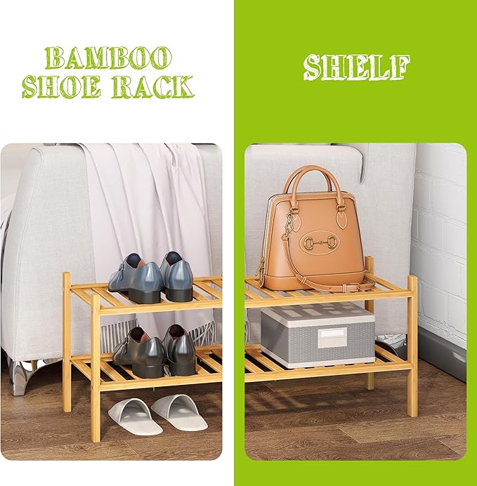 BMOSU 2-Tier Bamboo Shoe Rack Premium Stackable Shoe Shelf Storage Organizer for Hallway Closet Living Room Entryway Organize