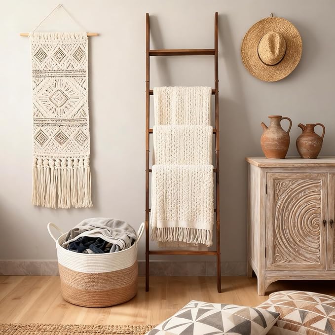 Novabright 3 Pcs Farmhouse Living Room Decoration Set with 5.6 Ft Wooden Blanket Ladder 20 x 13 Inches Large Woven Blanket Ba