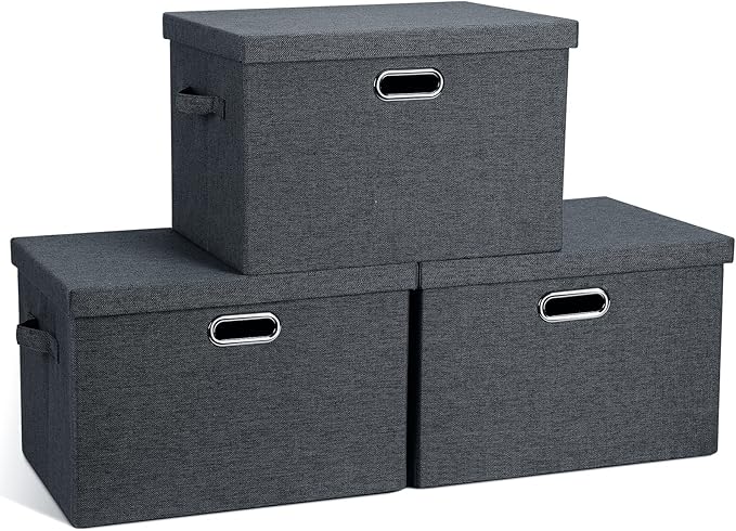 Graciadeco Large 17" 36 Quart Collapsible Stackable Storage Bins with Lids, 3 Packs Dark Gray Foldable Fabric Closet Storage 