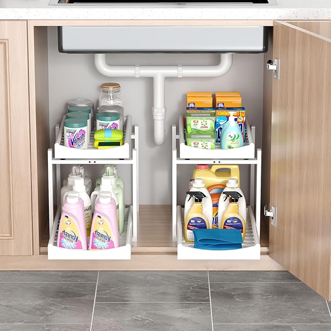 Bamboo Under Sink Organizer and Storage, 2 Pack Pull Out Cabinet Organization, 2 Tier Vertical Slide Out Undersink Storage Sh