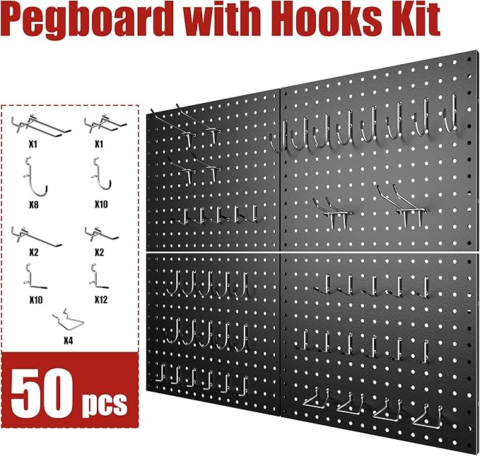 4 Pack Metal Pegboard Panels with 50 Hooks, Black Pegboard Wall Organizer, Pegboard Accessories, Heavy Duty Garage Tool Stora