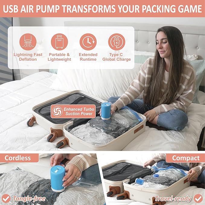 Cozy Essential Travel Vacuum Storage Bags with Rechargeable Cordless USB Pump for Luggage, Suitcase, Carry-on Size Vacuum Sea