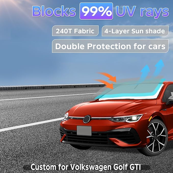 Sun Shade Sunshade for 2015-2021 Volkswagen Golf Windshield Cover, 4-Layers Sun Shield for VW Golf GTI 250T Silver Coating Sun Visor Foldable Window Shade Blocks UV Rays Car Accessories
