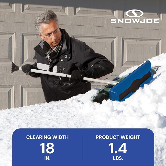 Snow Joe 18" Telescoping Snow Broom & Ice Scraper for Cars, No-Scratch Foam Brush - Long and Extendable Ice Removal Tool for Car Window and Automotive Windshield, SJBLZD