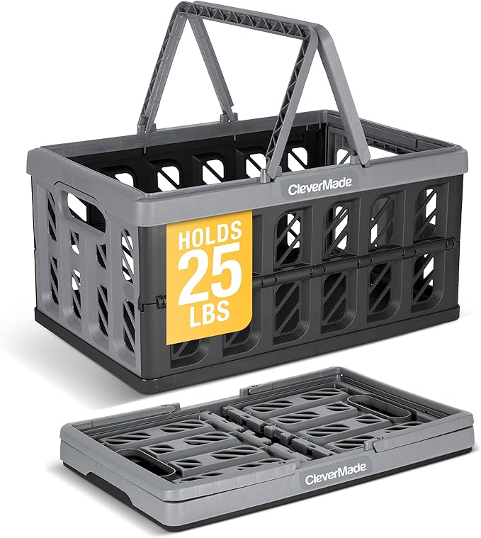 CleverMade Collapsible Shopping Basket with Handles – 24L Collapsible Grocery Tote, Plastic Storage Baskets Fold Flat, Stacka