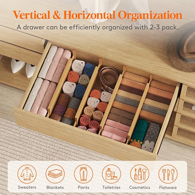 Lifewit 6" High 8 Pack Bamboo Drawer Dividers 45-55cm/17.5-22" Adjustable Wooden Drawer Organizer for Clothes/Utensils, Expan