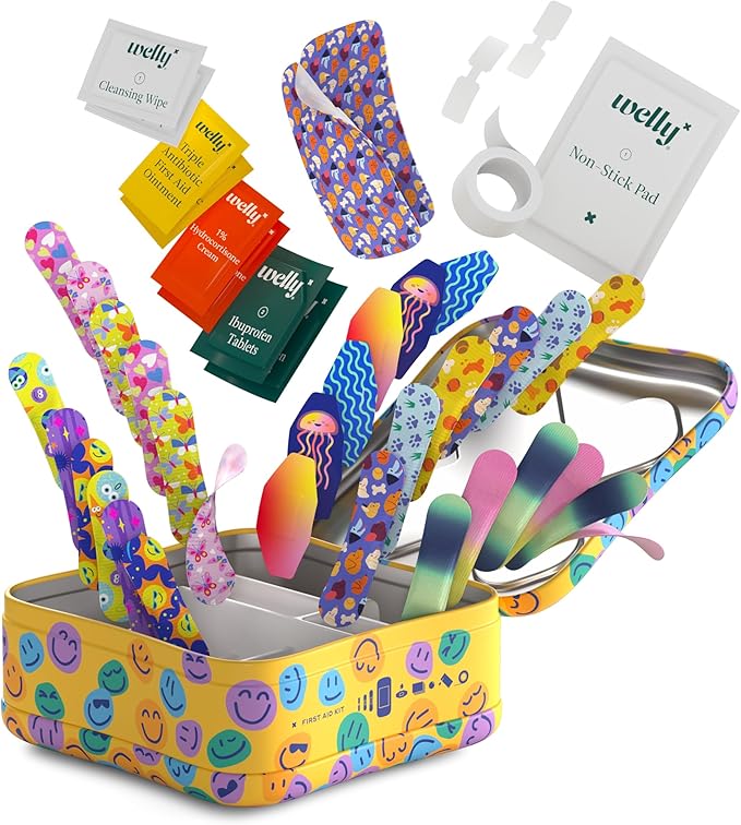 Welly First Aid Kit - Adhesive Flexible Fabric and Waterproof Bandages, Tape and Non-Stick Pads, Butterfly Strips, Single Use