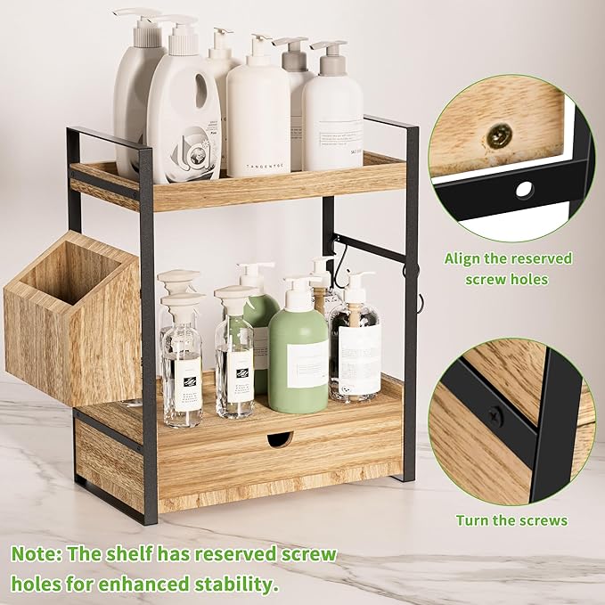 2-Tier Bathroom Counter Organizer with Drawer and Basket, Wood Countertop Organizer for Storage, Skincare Organizers for Vani