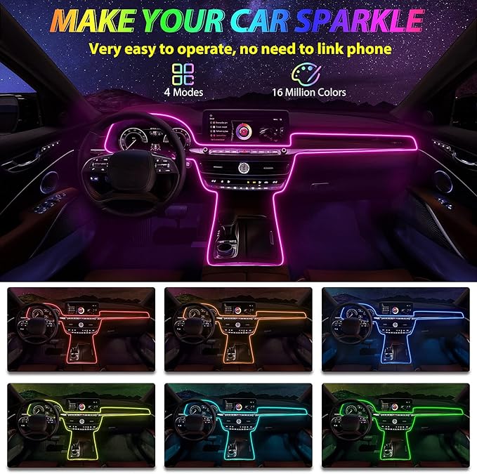 Car Led Strip Lights,Interior Lights,Ambient Lighting Kit With RGB 16 Million Colors Fiber Optics&Music Sync Rhythm,USB Neon Light Accessories for Center Console&Dashboard,Upgraded Version