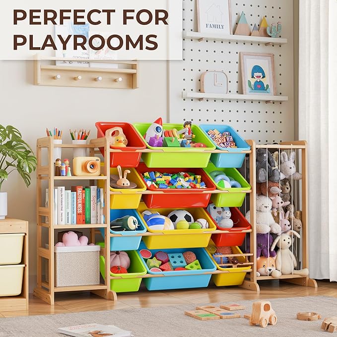 mirolam Storage Organizer with Bookshelf and Stuffed Animal Storage - Playroom Organization with Shelves and 12 Bins - Living