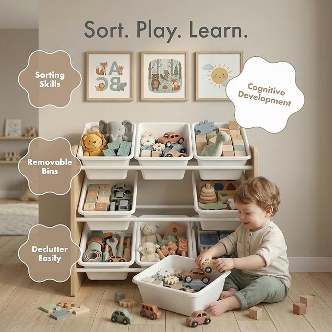 Humble Crew 9-Bin Toy Organizer – Journey Natural Wood with White Plastic Bins, 3-Tier Storage Solution for Kids' Playrooms a