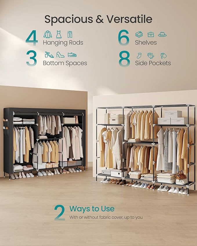 SONGMICS Portable Closet, Fabric Wardrobe, Clothes Rack with Shelves, Pockets, Large Capacity, 4 Hanging Rods, 74.4 x 17.7 x 