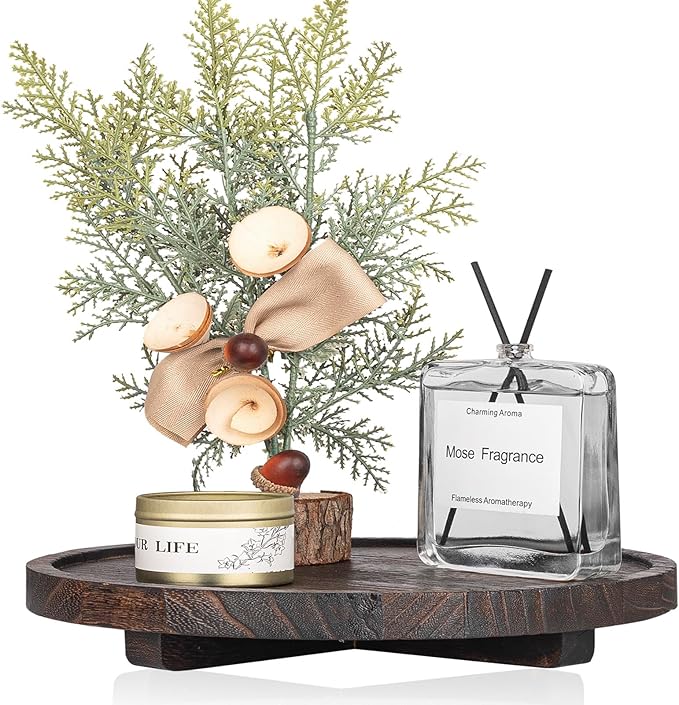 Round Decorative Tray Wood Bathroom Counter Organizer Farmhouse Kitchen Decor Wooden Riser for Soap Dish, Perfume, Candle, Sp