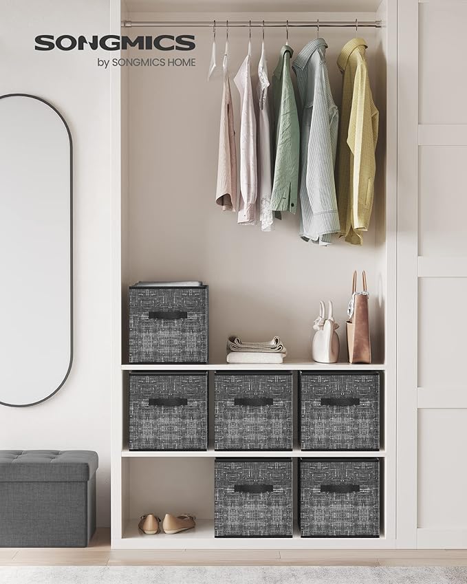 SONGMICS Storage Cubes, 11.8-Inch Non-Woven Fabric Bins with Double Handles, Set of 6, Closet Organizers for Shelves, Foldabl