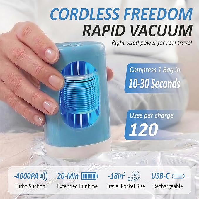 Cozy Essential Travel Vacuum Storage Bags with Rechargeable Cordless USB Pump, Space Saver Bags for Luggage, Suitcase, Carry-