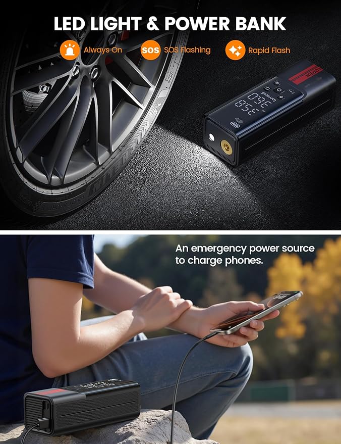 Lamicall Portable Car Tire Inflator - Air Compressor [150 PSI] [4X Faster] Cordless Car Air Pump Rechargeable, Pressure Gauge Display, LED Light, for Cars, Motorcycles, Bike, Wheels Accessories Gifts