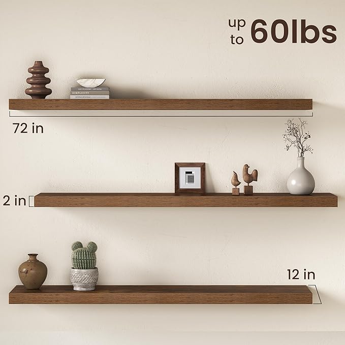 Fun Memories 72 Inch Floating Shelves, 12 Inch Deep Wall Shelf for Fireplace Mantel, Deep Storage Shelves for Home & Office, 