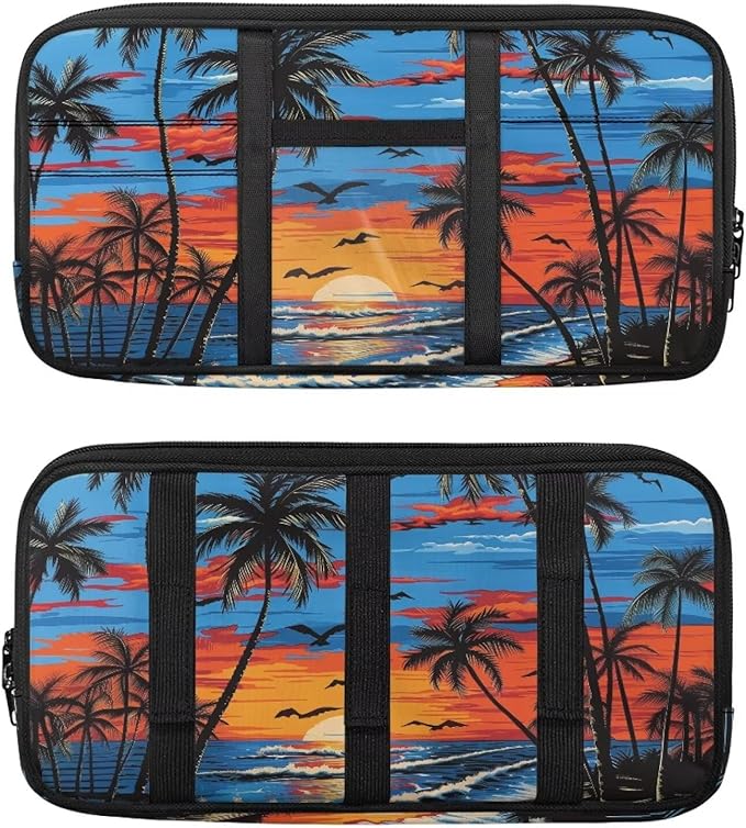 Coconut Tree Zippered Clip on Sun Visor Organizer for Car with Picture Holder Car Sun Visor Glasses Storage Box with Straps and Pockets Easy Installation Universal Fit for Most Cars SUV