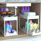 DEKAVA Cabinet, 2 Pack Under Sink Organizer, 2 Tier Sliding Bathroom Kitchen Organizer, Large White ABS Baskets, Easy Install