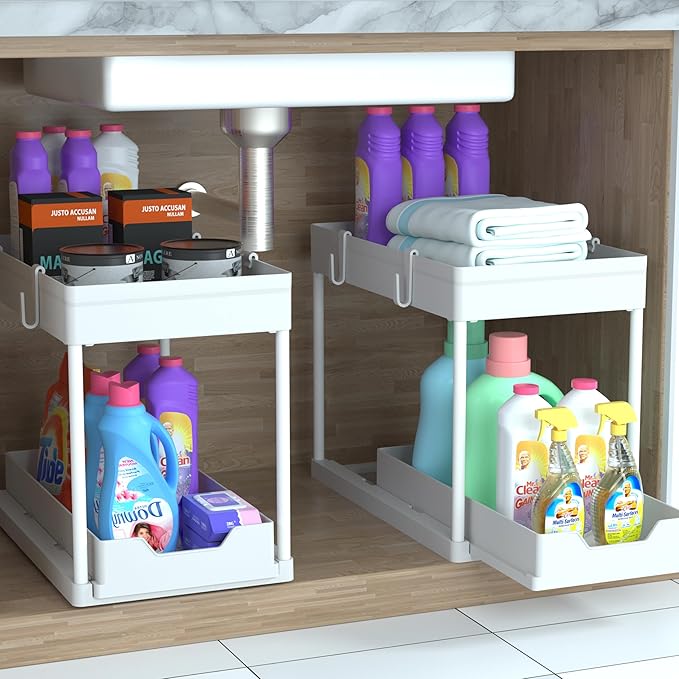 DEKAVA Cabinet, 2 Pack Under Sink Organizer, 2 Tier Sliding Bathroom Kitchen Organizer, Large White ABS Baskets, Easy Install