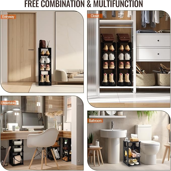 TRZZ 5-Tier Small Shoe Rack, Vertical Narrow Stackable Organizer with Removable Partition, Efficient Shoe Storage for Closet,