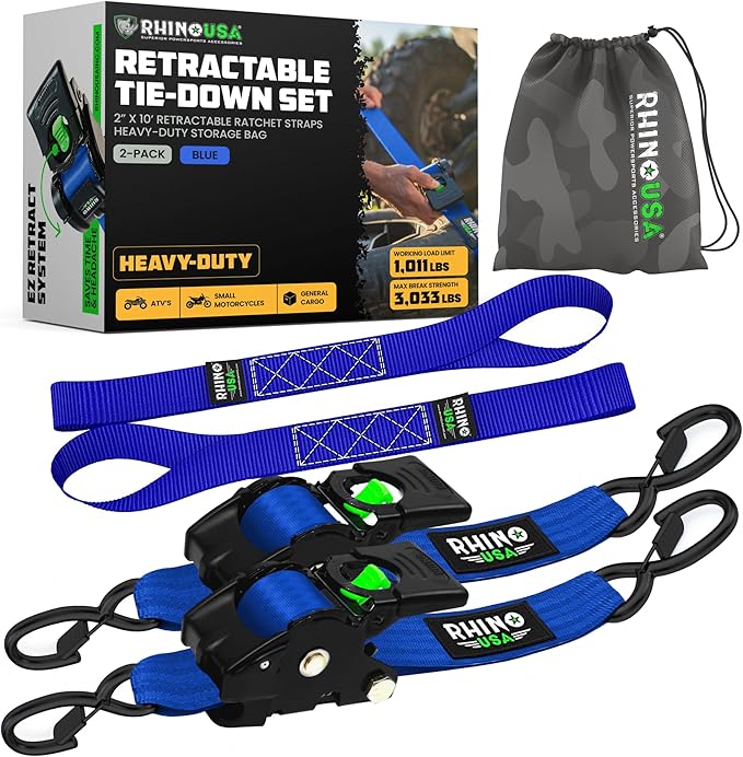 Rhino USA Retractable Ratchet Straps (2-Pack) - 2 Inch x 10 Feet (3,033lb Break Strength) - Heavy Duty Auto Self Retracting Tie Down Straps for Truck, Cargo Trailer, Motorcycle, Rad & More - Blue