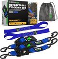 Rhino USA Retractable Ratchet Straps (2-Pack) - 2 Inch x 10 Feet (3,033lb Break Strength) - Heavy Duty Auto Self Retracting Tie Down Straps for Truck, Cargo Trailer, Motorcycle, Rad & More - Blue