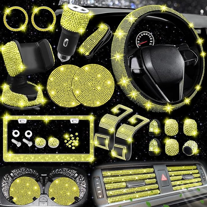 NBTEPEM 27 PCs Yellow Bling Car Accessories Set for Women, Steering Wheel Covers Universal Fit 15 Inch, Bling License Plate Frame, Bling Phone Holder, Bling Car Coasters (Yellow Diamond)