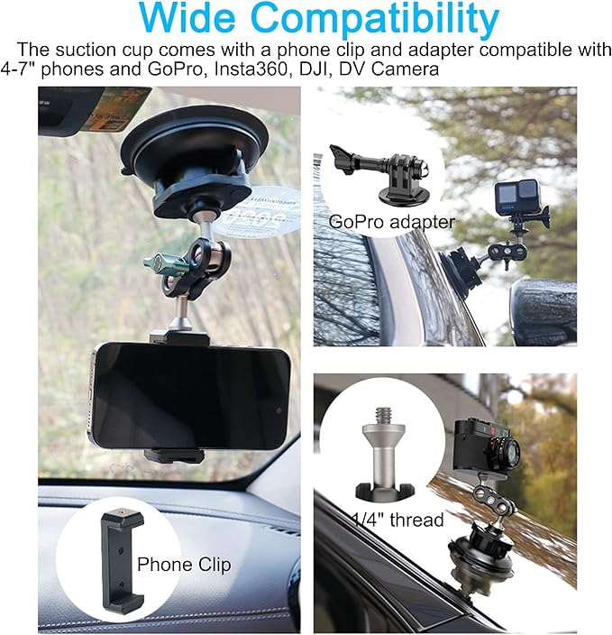 PellKing Camera Suction Cup Mount with Phone Holder and Action Camera Adapter Accessories for Insta360 X5,X4 X3, ONE X2, ONE RS, GoPro Hero 13 12 11 10 9 8 7 6 5 Max, DJI Action 5 4 3 2 etc