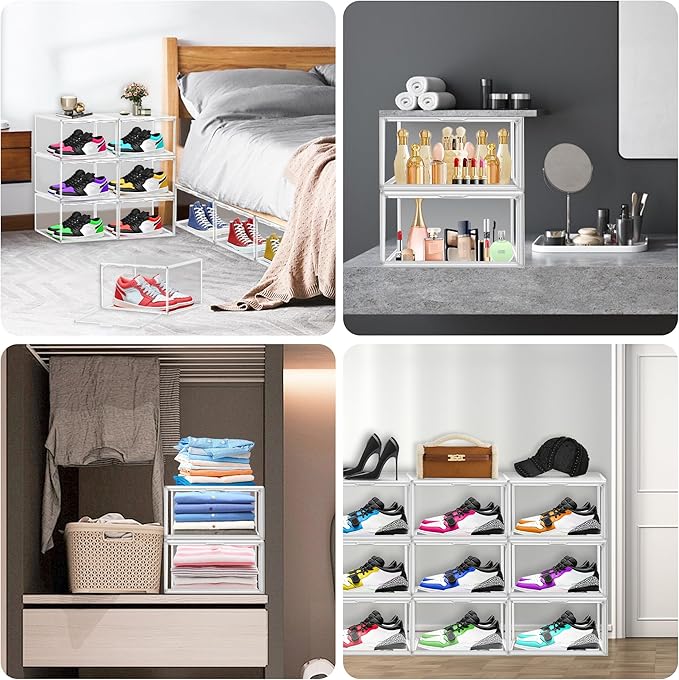 14 Pack Clear Shoe Boxes Size 12 Shoe Storage Organizer for Closet Stackable Shoes Rack Handbag Organizer Plastic Sneaker Sto