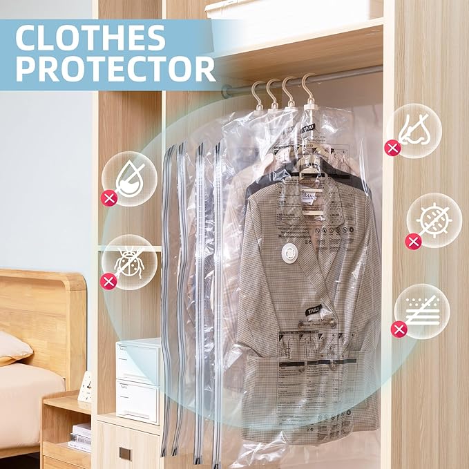 Hanging Vacuum Storage Bags with Electric Pump, 4 Pack (53 x27.5 inch), Vacuum Seal Bags for Clothing, Garment Storage for Sh
