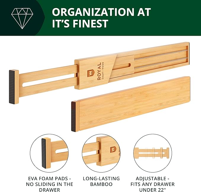 Bamboo Drawer Dividers Organizers, Adjustable Drawer Separator Splitters, 17–22 Inches Expandable Drawer Divider Organizer fo