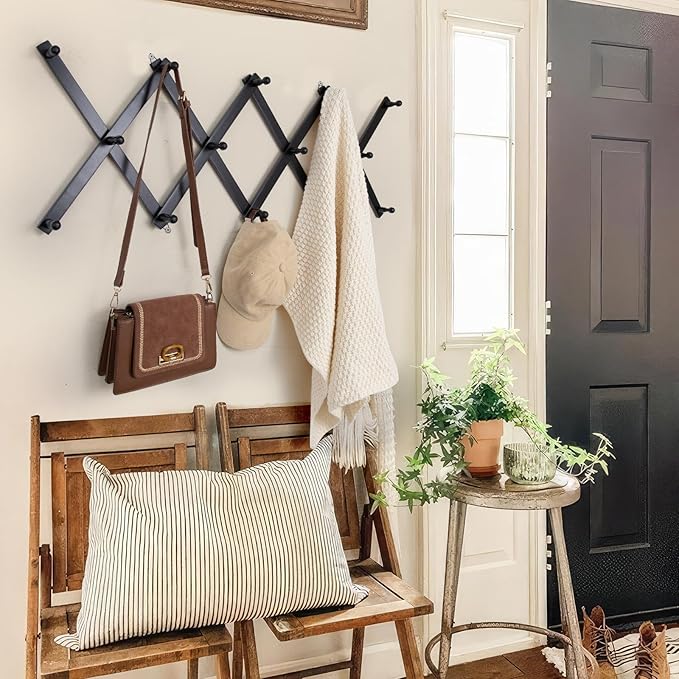 SCUNDA Wall Rack with 14 Hooks, Wooden Wall Expandable Coat Rack for Coat, Hats, Baseball Caps, Coffee Mug, Jewelry(Black)