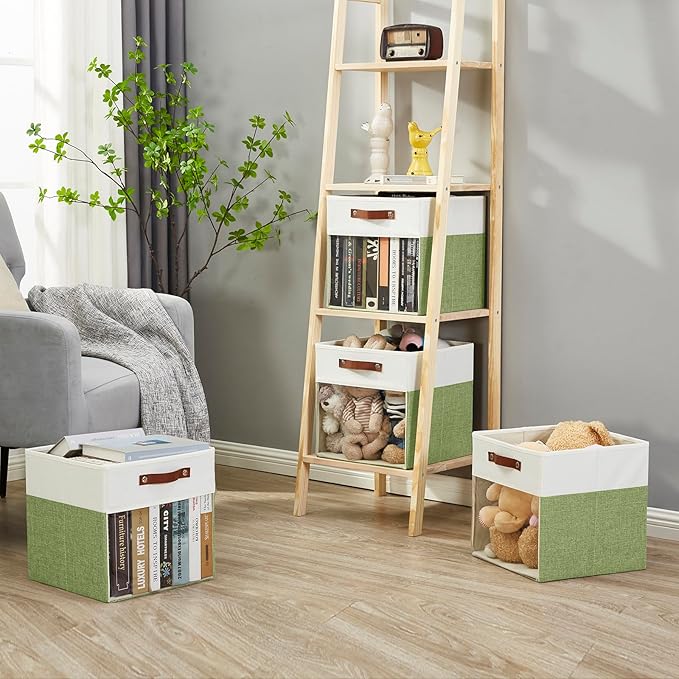 Bagnizer Storage Cubes, 4 Pack Linen Foldable Storage Bins (13 x 13 inch) with Clear Window and Handles, Fabric Organizer for