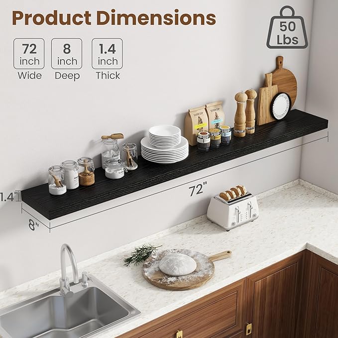 72 Inch Floating Shelves for Wall, 8 Inch Deep Floating Shelf for Storage & Display, Rustic Wall Mounted Shelf with Invisible