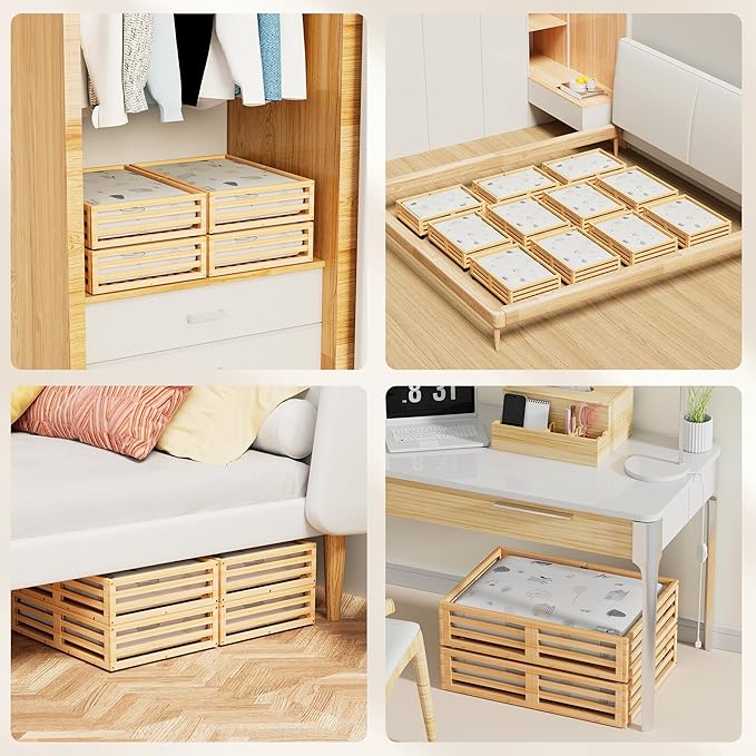 Under Bed Storage with Wheels-Large Bamboo Underbed storage Containers with Large Dust Bag Stackable Under the Bed Shoe Stora