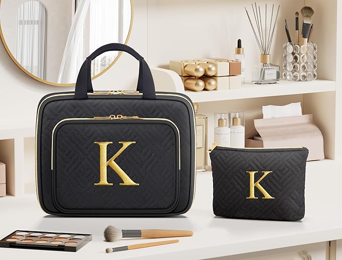 Gifts for Women, Initial Toiletry Makeup Bag Hanging Cosmetic Organizer with Embroidery Letter Personalized Nurse Teacher App